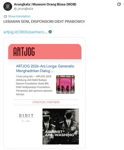 Tangkapan layar dari akun @_arungkala di X yang vokal mengkritik keterlibatan Yayasan Didit Hediprasetyo sebagai sponsor ArtJog. (Foto: Konde.co/Dulce Maria Bella Natalie)