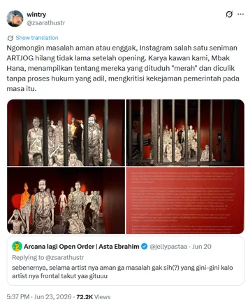 Cuitan di X yang menyoroti karya seni Hanalogi Semata, seniman perempuan yang akun Instagram-nya tidak bisa diakses dan dinonaktifkan sepihak. (foto: tangkapan layar oleh Konde.co/Dulce Maria Bella Natalie)