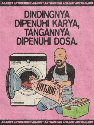 Karya seni grafis dari akun Instagram @ajiarchive.psd yang menanggapi polemik artwashing dan keterlibatan Yayasan Didit Hediprasetyo dalam ArtJog 2026. (sumber foto: Instagram @ajiarchive.psd)