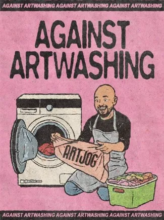 Karya seni grafis dari akun Instagram @ajiarchive.psd yang menanggapi polemik artwashing dan keterlibatan Yayasan Didit Hediprasetyo dalam ArtJog 2026. (sumber foto: Instagram @ajiarchive.psd)