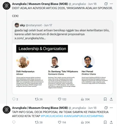 Tangkapan layar dari akun @_arungkala di X yang vokal mengkritik keterlibatan Yayasan Didit Hediprasetyo sebagai sponsor ArtJog. (Foto: Konde.co/Dulce Maria Bella Natalie)