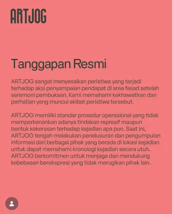 Tanggapan resmi pihak Artjog terkait pembredelan pentas seni yang memprotes Artjog 2026. (sumber foto: Instagram @artjog.id)