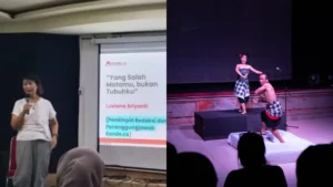 Pemimpin Redaksi Konde.co, Luviana Ariyanti saat mengisi sesi di Makassar International Writers Festival; dan penampilan seni di Singaraja Literary Festival (sumber foto: dok. Konde.co dan Singaraja Literary Festival